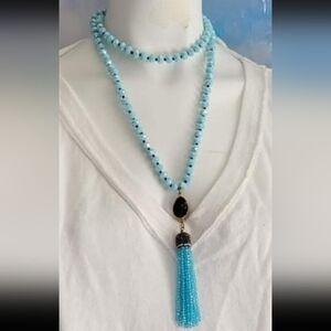 Womems Elegant Blue Glass Beaded Necklace with Black Pendant